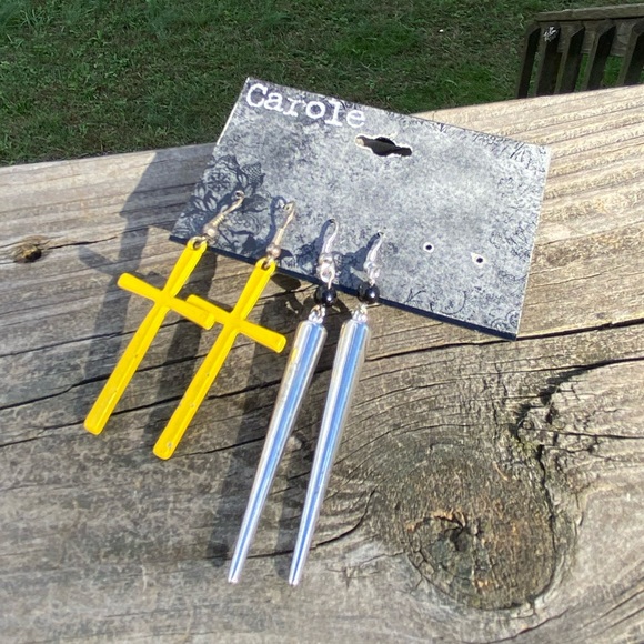 Large drop earrings yellow cross Silver spikes New with tags - Picture 5 of 5